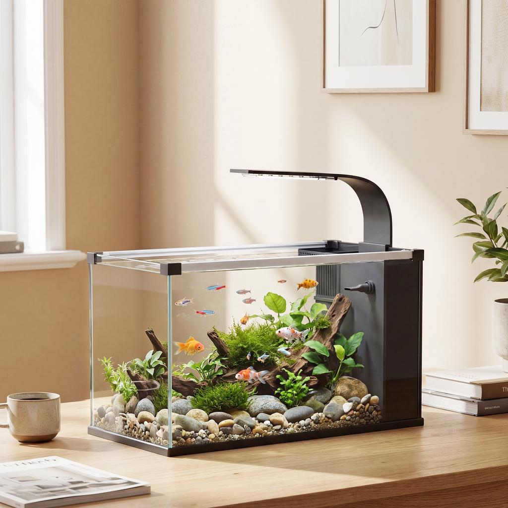 24L Tempered Glass Home Aquarium with Integrated Filter and LED Light, 45x25x25.5 cm, Black