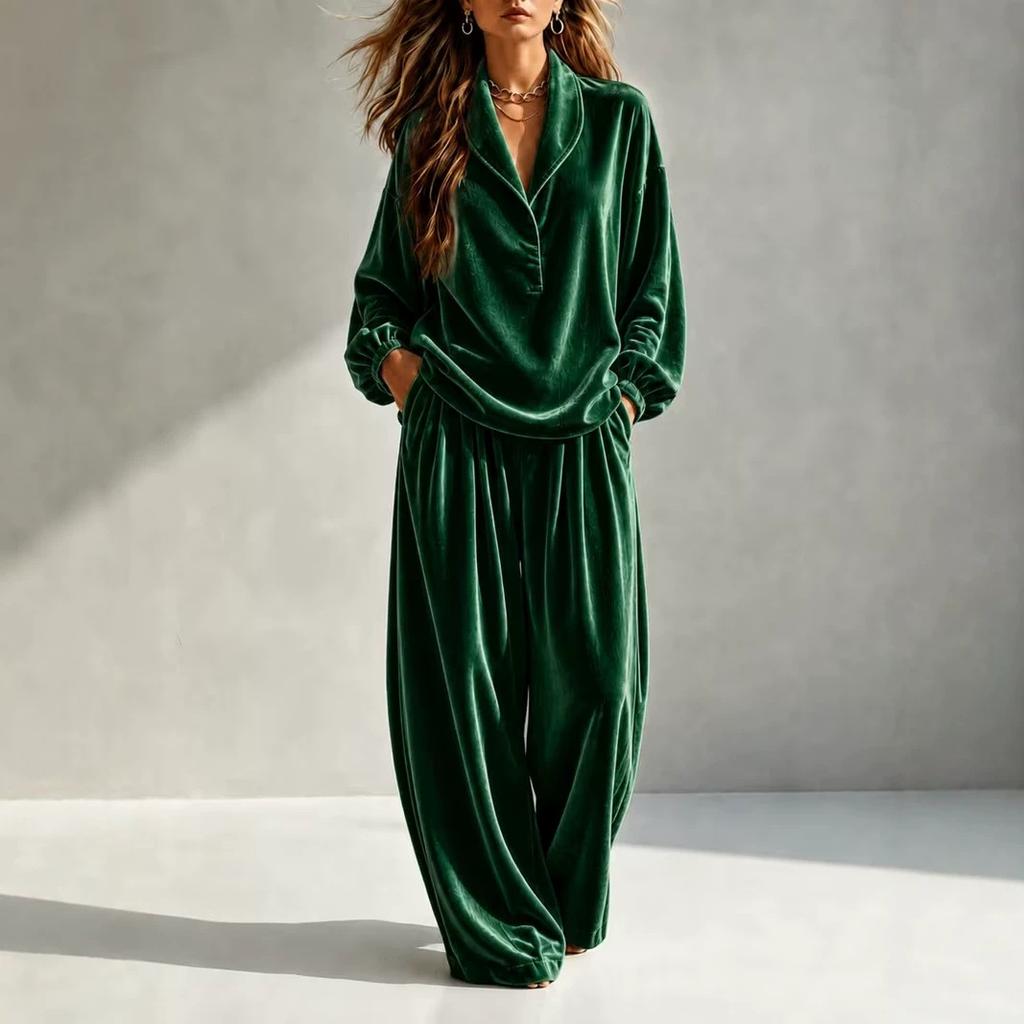 Completo due pezzi in velluto da donna con colletto a revers, top incrociato, pantaloni a vita alta a gamba larga, elegante loungewear
