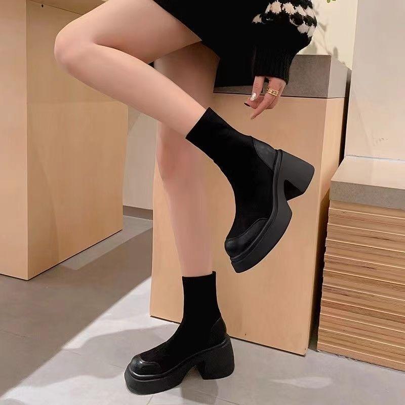 Fashion Black Women's Ankle Boots Chunky Heel Height Increasing Female Short Shoes Plain Hot Pu High Quality Y2k On Promotion 39 Booties
