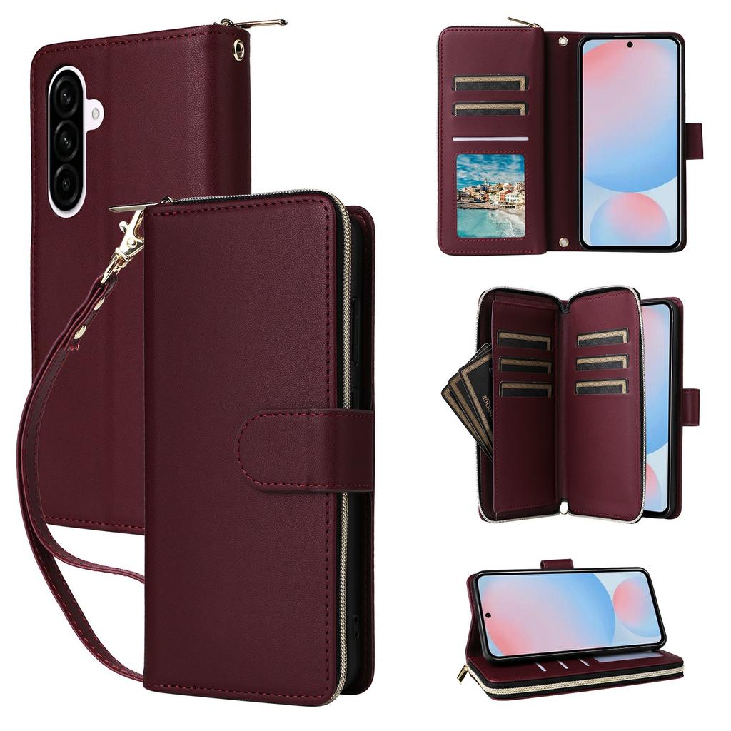 For Samsung Galaxy A57 5G Case 9 Card Slots Zipper Pocket PU Leather Phone Cover with Wrist Strap