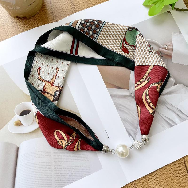 > New Magnetic Pearl Silk Scarf Necklace: Versatile High-End Neckerchief & Wrist Scarf