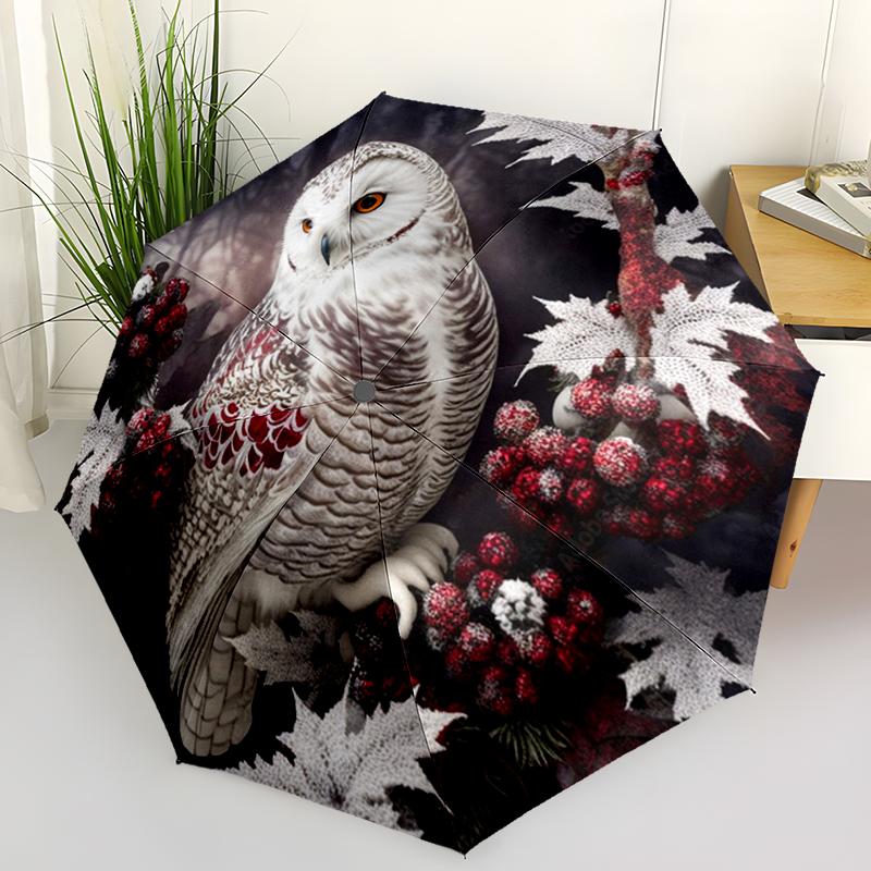 1PC Mysterious Snowy Owl Folding Umbrella Auto-Open Design 8 Iron Ribs Plastic Handle Foldable Sunshade Perfect Christmas Gifts