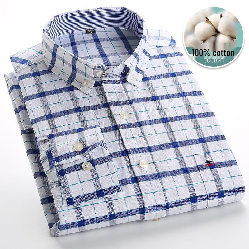 Men's 100% Cotton Plaid Oxford Long Sleeve Casual Business Shirt