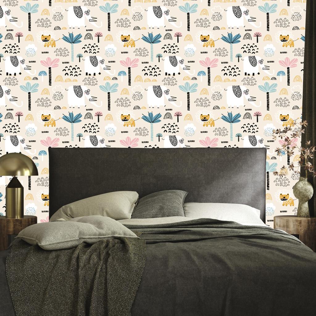 Safari Wallpaper Lions Pastel Trees for Living Room and Bedroom 50x1000