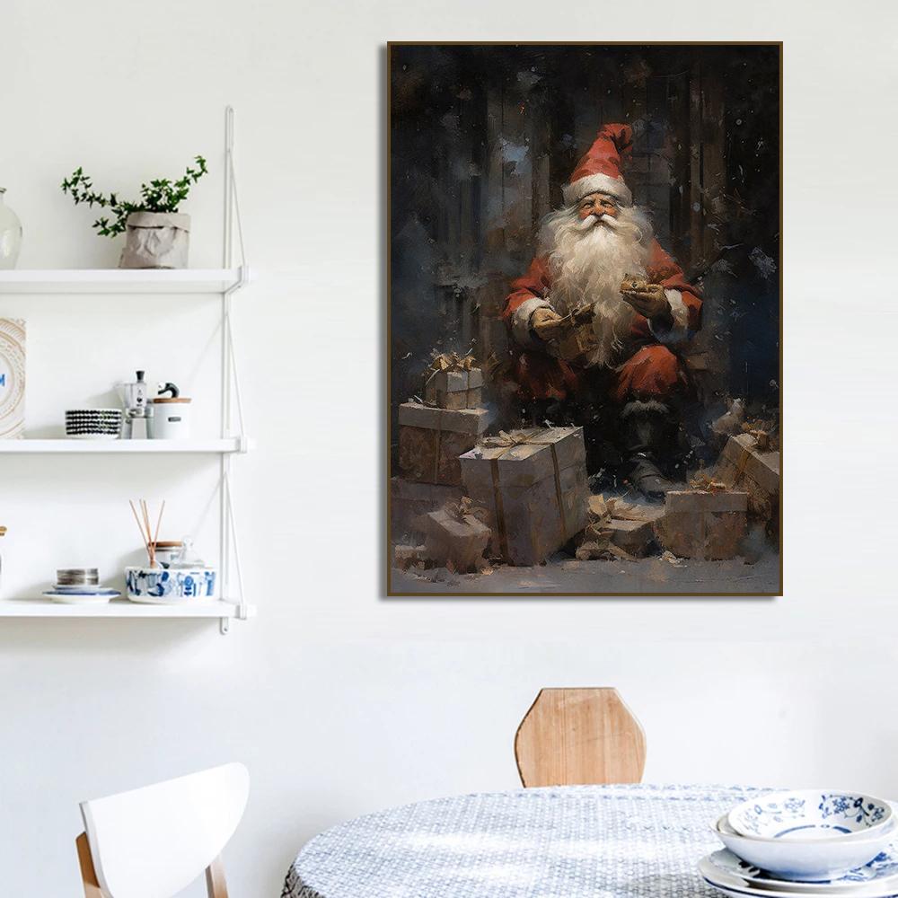 Winter Pine Forest Santa Claus Rustic Landscape Poster  Christmas Canvas Painting, Dark Academia, Antique Vintage Home  Decor