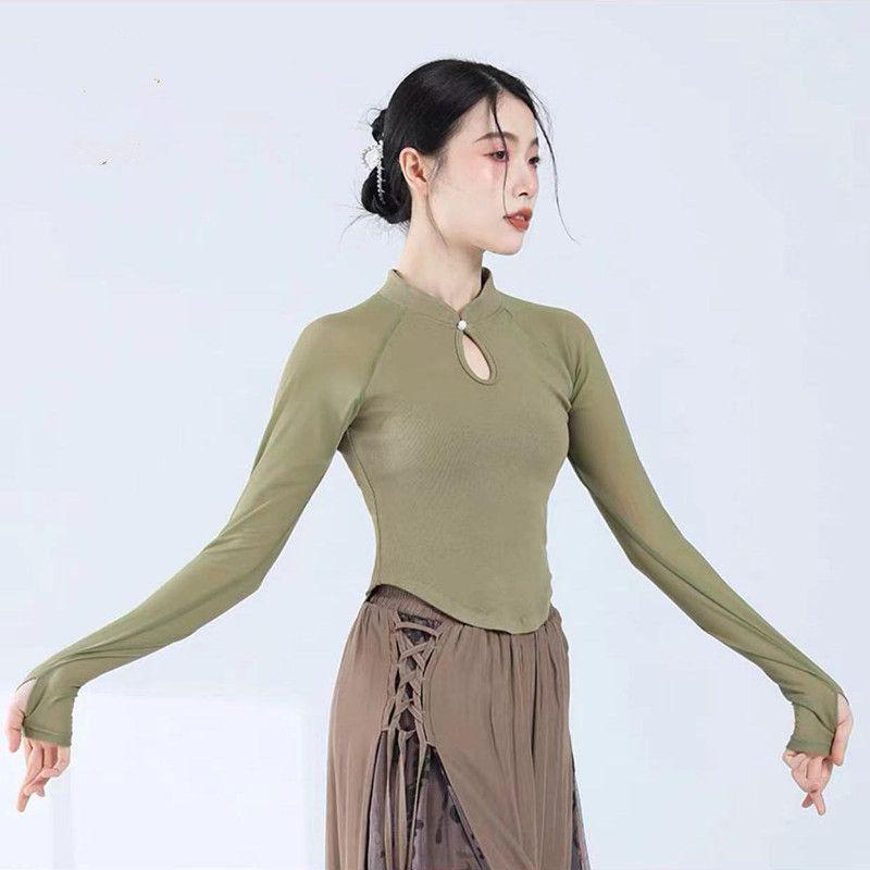 Women's Retro Chic Long Sleeve Yoga & Dance Top - Slim Fit, Chinese Style