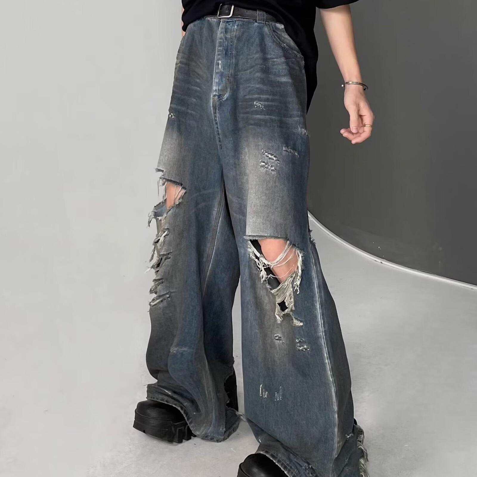 

Унисекс Уличный Тренд Рваные Джинсы Нищего - Хип-Хоп Нишевый Дизайн Брюки 2XL синий