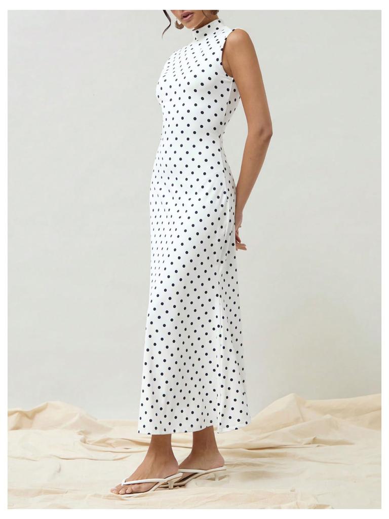 European Style Vintage Polka Dot Print Sleeveless Round Neck Slim Fit A Maxi Dress