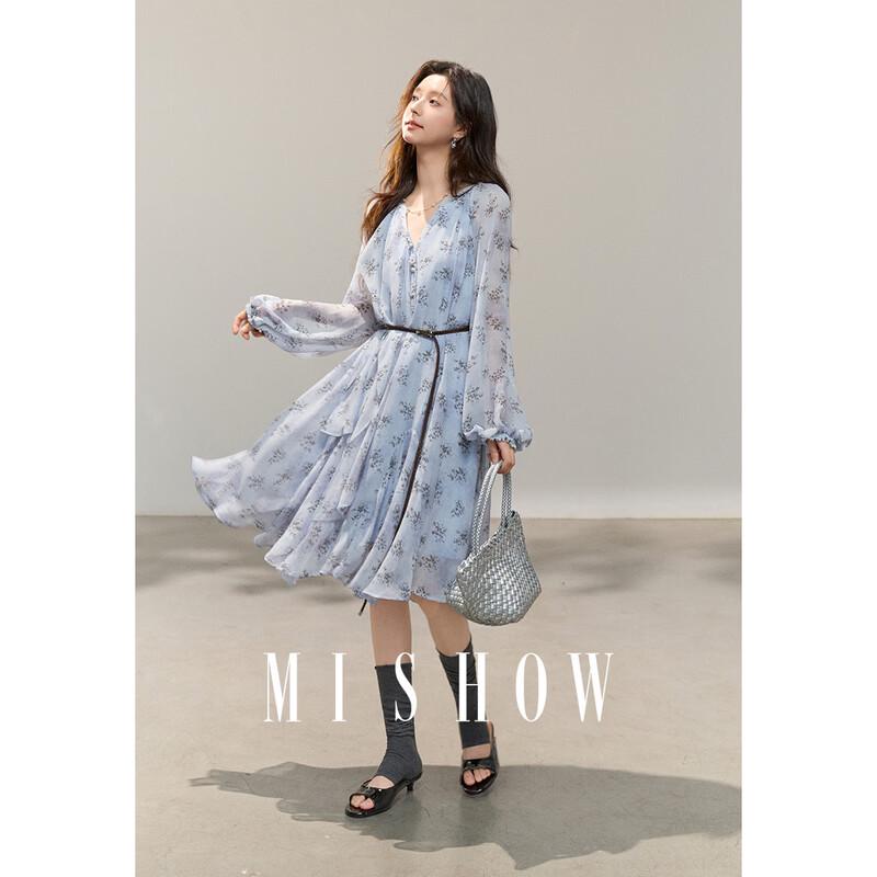Haze Blue Floral Chiffon V-neck Dress S