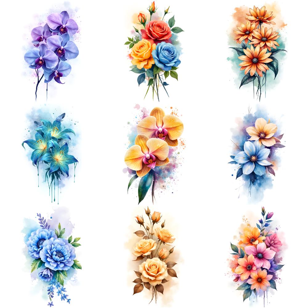 9pcs Temporary Tattoo Watercolor Floral Arrangements Blue Flowers Roses For Shoulders Chest Ladies