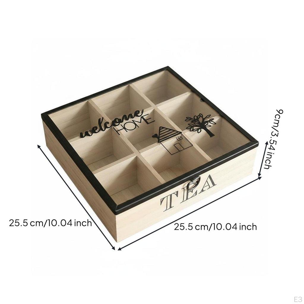 Wooden Tea Box Separate Compartments Packet Organizer Desktop Display Lidded for