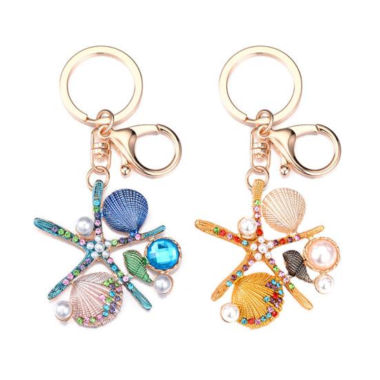 Rhinestone Starfish Keychain Sparkling Shell Faux Pearl Keyring Pendant for Purse Backpack Accessory Gift for Friends