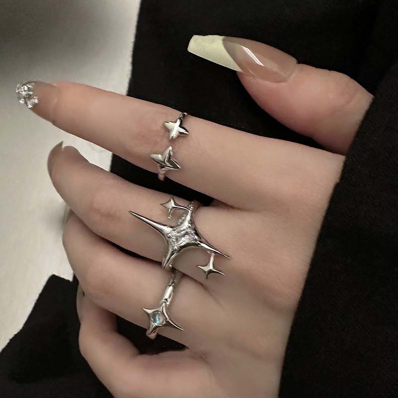Vintage Irregular Cross Star Open Ring for Women Men Punk Gothic Sliver Color Adjustable Couple Rings Y2K Egirl Zircon Gift