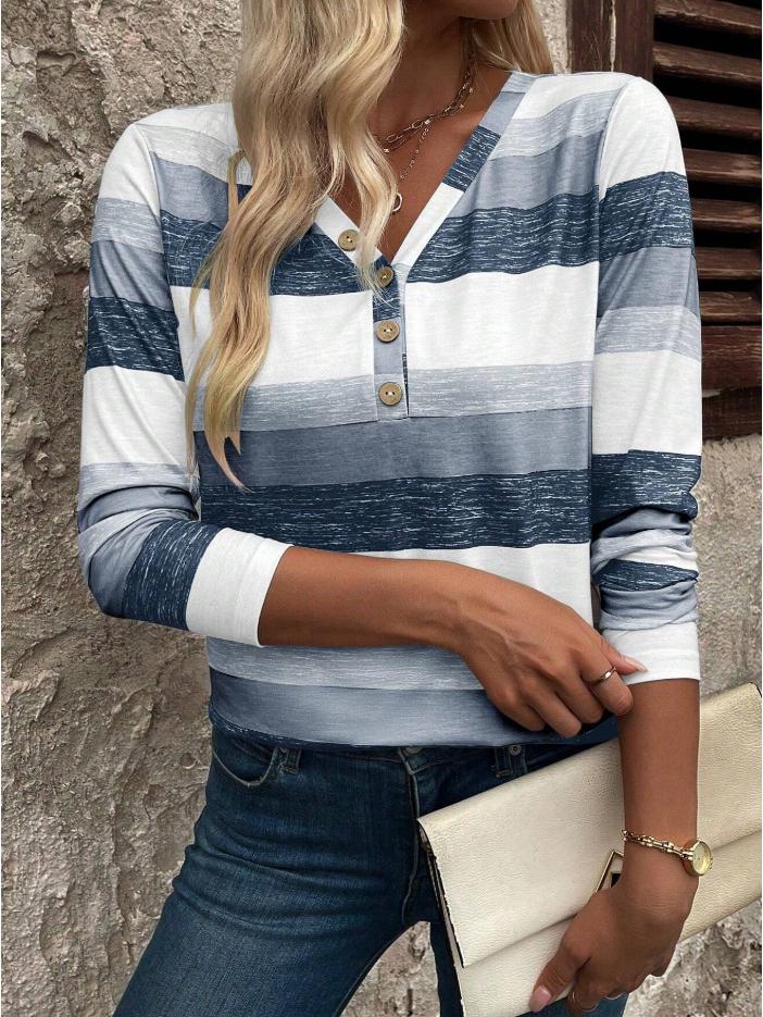 European & American V-Neck Striped Long Sleeve Women's Casual T-shirt