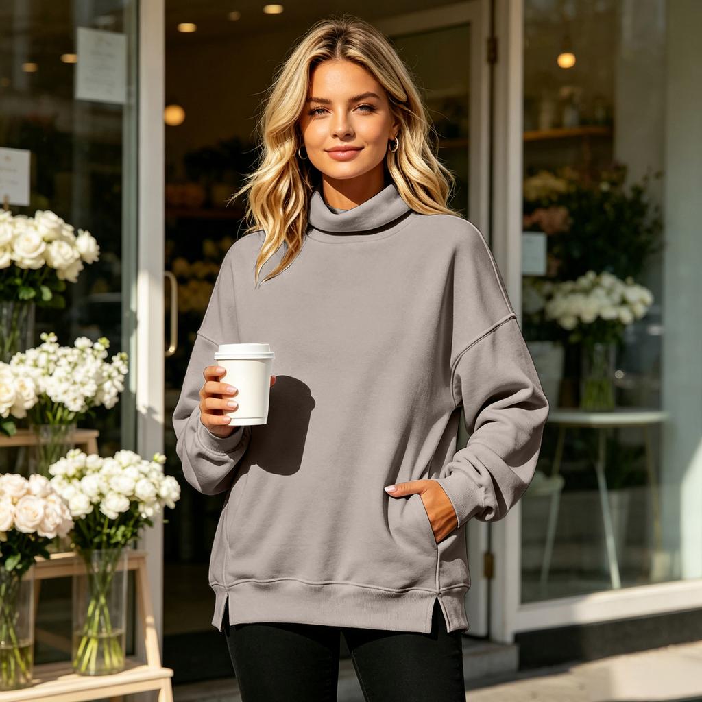 Women's Mock Neck Pullover Sweatshirt Loose Fit Casual Color Long Sleeve for Everyday Wear