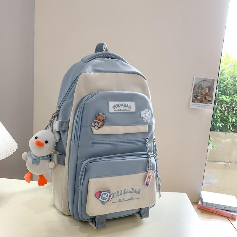 Stylish Japanese Color-blocked Backpack High Capacity Lightweight Waterproof Bag синий