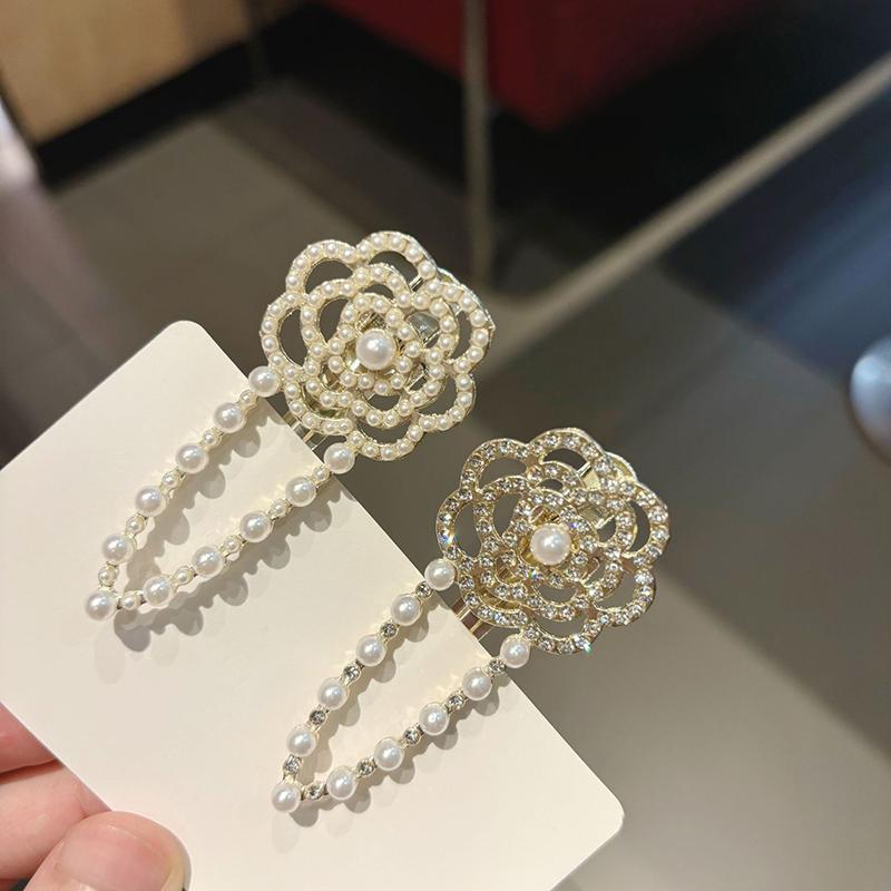 Korean Style Pearl Rhinestone Camellia Hair Clip Pearl Side Duck Beak Clip Women's Broken Bangs Clip Hair Accessories