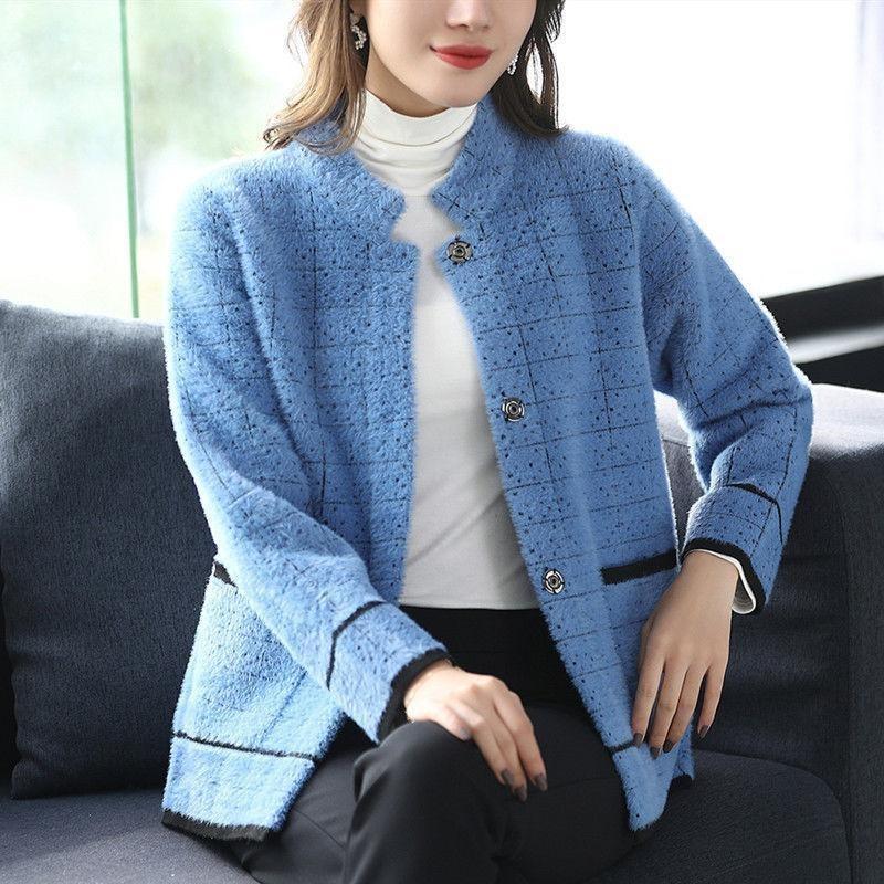 

Thickened Imitation Mink Velvet Coat Women’s Warm Plaid Long Sleeves Jacket Loose Casual Outerwear Elegant Office Lady Daily Commuting Spring Autumn M синій