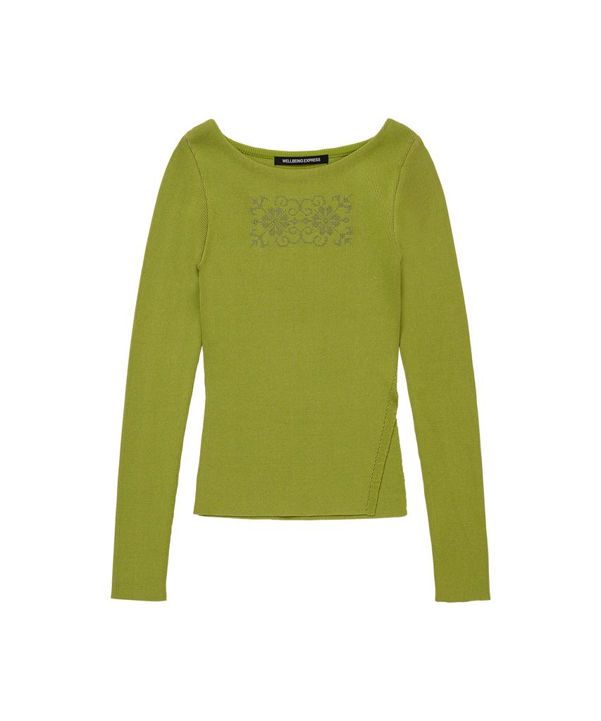 WELLBEING EXPRESS Embroidered Slit Knit Top Leaf Green