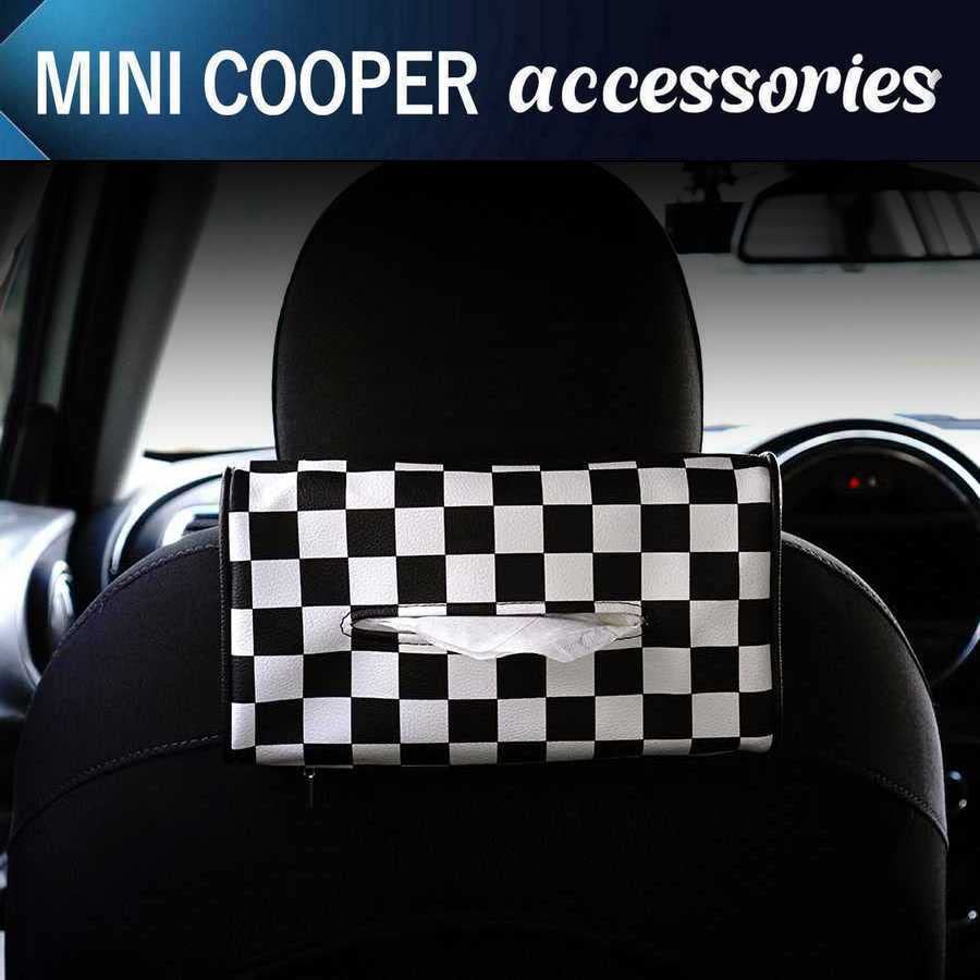 SKYBELL Tissue Case, Car, Mini Cooper, Bmw Mini Compatible, Accessories, Headrest, Hanging, Leather, Convenient Goods (Checker)