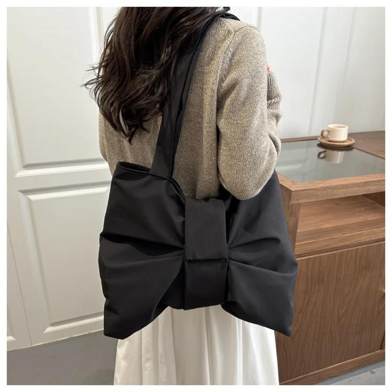 Korean Retro Solid Color Pleated Bow Shoulder Bags for Women Large Capacity Ladies Tote Bag Simple Student Handbags with Zipper