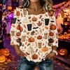Women's Casual Halloween Print Crew Neck Three Quarter Sleeve Linen Cotton Top Autumn Lightweight Pullover Shirt for Daily Wear