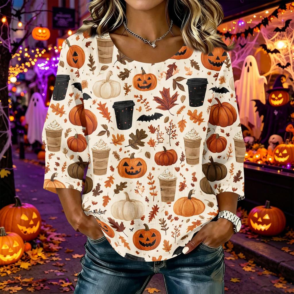 Women's Casual Halloween Print Crew Neck Three Quarter Sleeve Linen Cotton Top Autumn Lightweight Pullover Shirt for Daily Wear