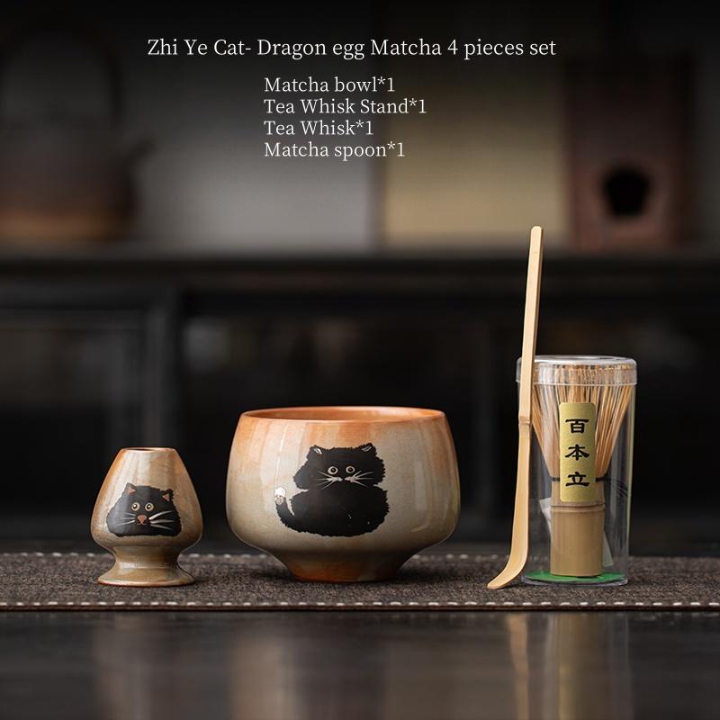 

4pcs Cute Zhi Ye Cat Hand Silvering Japanese Ceramic Matcha Bowl Macha Tea Whisk Chawan Chasen Holder Scoop Sifter Cup Ceremony Four-piece Set
