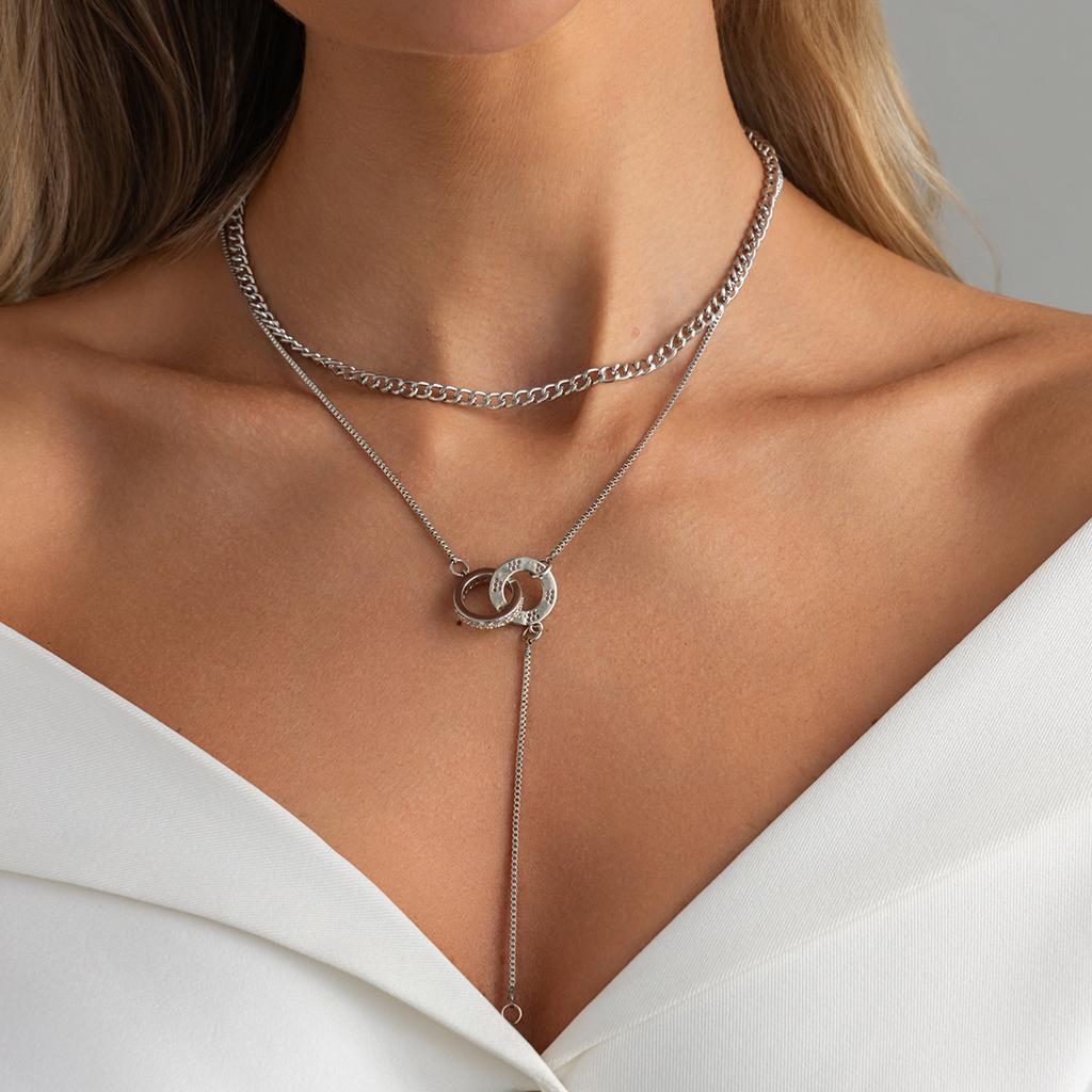 Fashion Office Style Rhinestone Buckle Double Ring Necklace, Unique Versatile Multi Layer Stackable Choker For Women