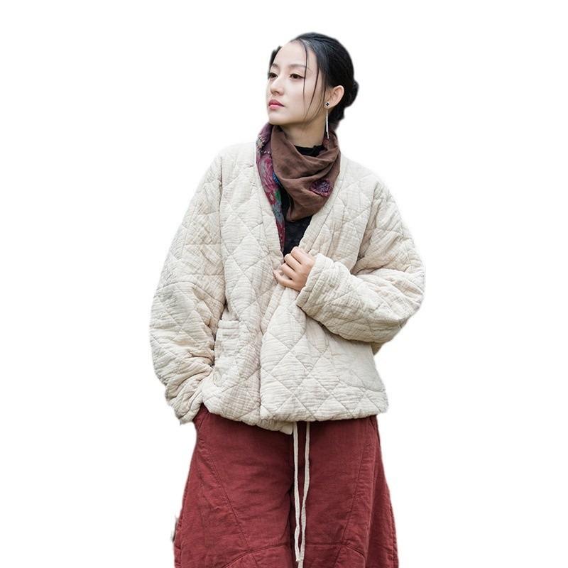 Winter Baumwoll- und Leinen-Damenbekleidung gepolsterte gesteppte warme Baumwollkleidung literarischer und lässiger Zen-Stil Rautenmuster Damen Kurzmantel Baumwollpolster