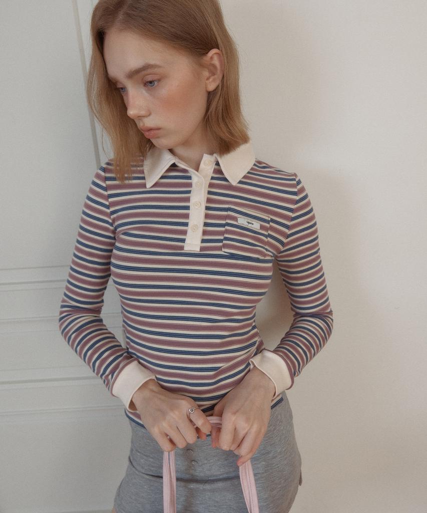LETERIE Stripe Collar Long Sleeve Tee_Purple