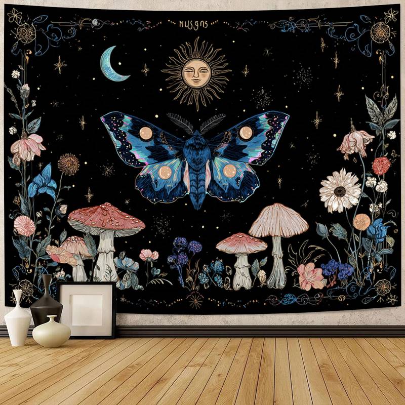 Starry Blue Butterfly & Moon Phase Tapestry - Boho Witchy Floral Wall Hanging for Room Decor
