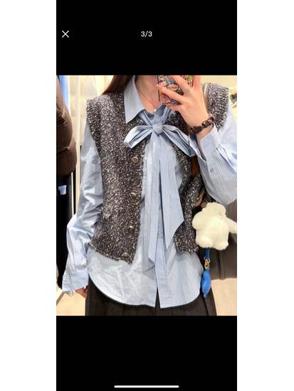 Ladies' Spring/Autumn Wheat Stripe Long Sleeve Cotton Shirt with Fashion Ribbon