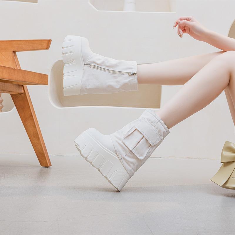 Fashion 14CM Street Style Denim Mid Calf Platform Wedge Breathable Women Boots Casual Knee High Boots Autumn Female Spring Shoes