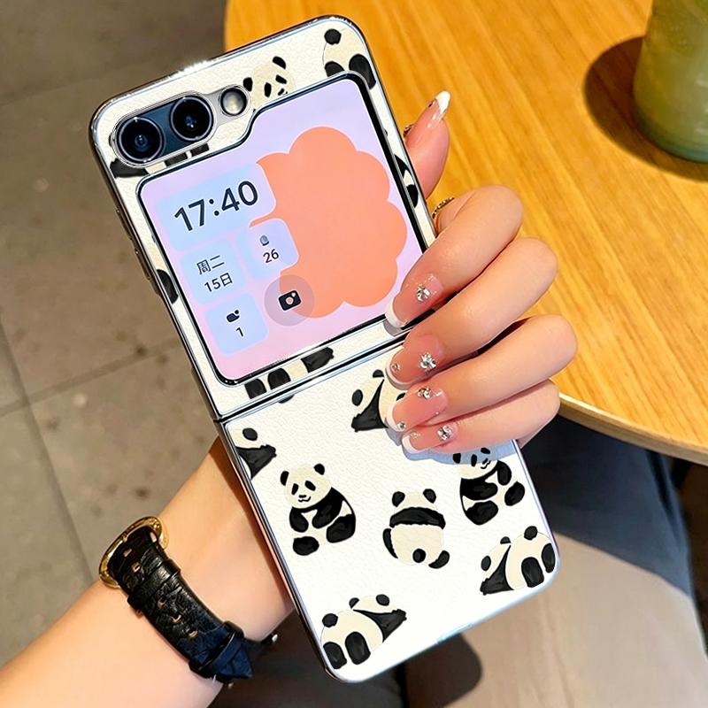 Lovely Baby Panda Print Case For Samsung Galaxy Z FlIP 7 FE 6 5 Z Flip7 Flip6 Flip5 Luxury Plating PC+PU Leather Hybrid Folding Phone Cover
