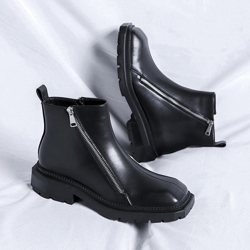 2025 Autumn Men's Mid-Heel Square Toe Martin Boots with Side Zipper
