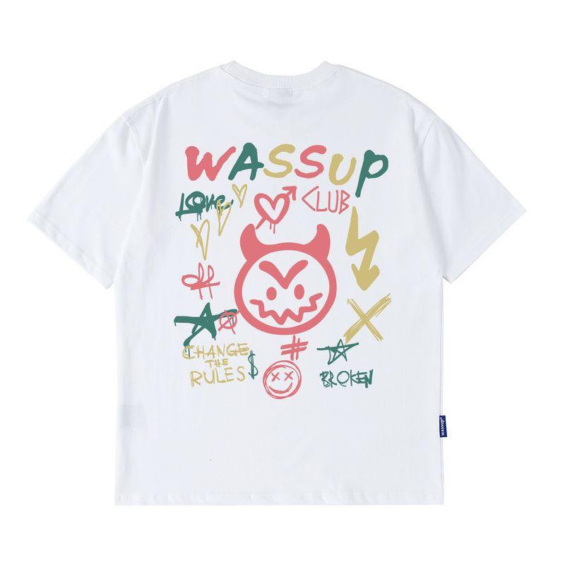 Wassup Heods Hand-Painted Graffiti Trendy Brand Couple T-Shirt Summer American Street Casual Round Neck Men's and Women's Short Sleeves