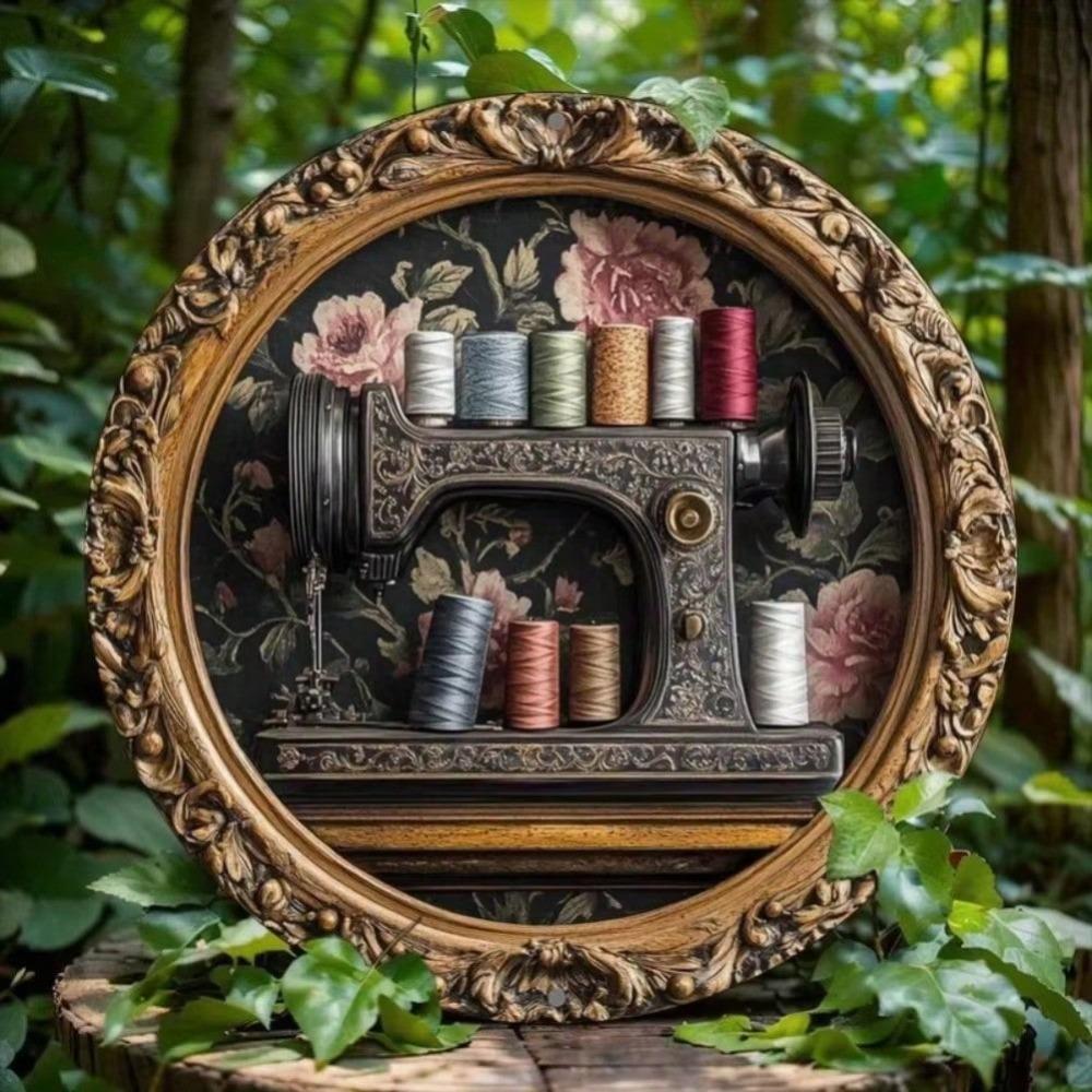 Sewing Machine Themed Round Metal Wall Art Home Decor Sign