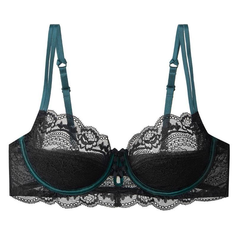 Lace Bra Large Busts Thin Padding 3/4 Cup Wireless Comfortable Underwire-Free In Red Black White Pink Green
