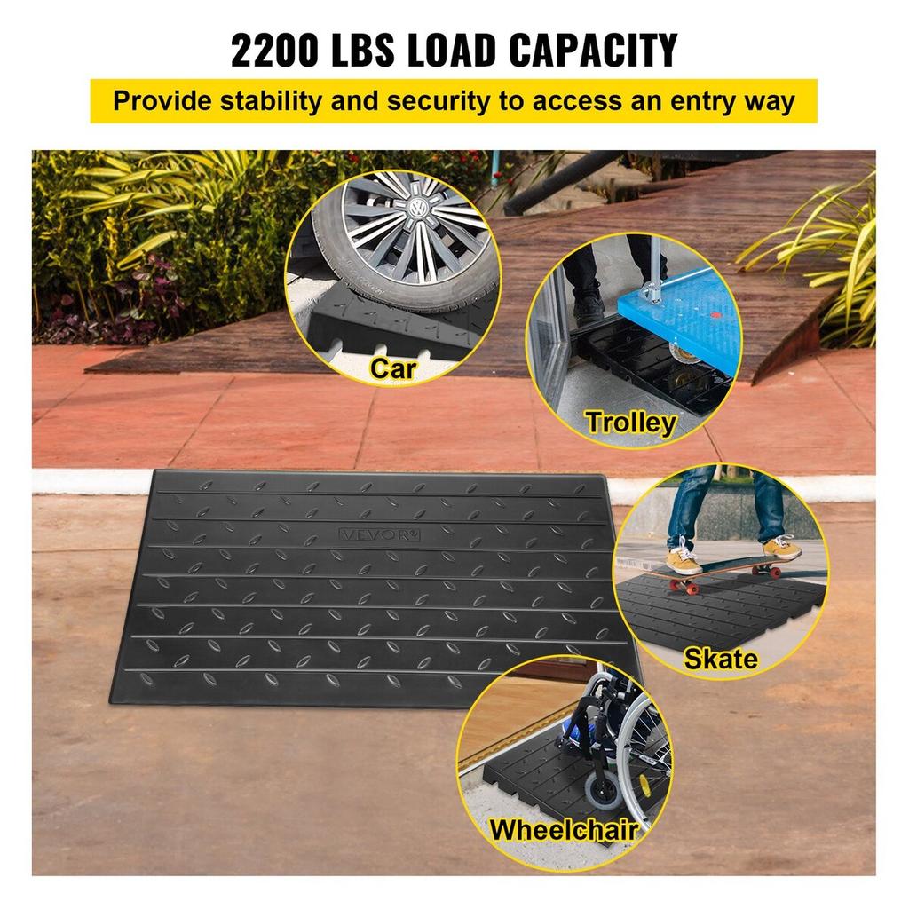 Rubber Threshold Ramp, 3" Rise Threshold Ramp Doorway, 3 Channels Cord Cover Rubber Solid Threshold Ramp, Rubber Angled Entry Rated 2200 Lbs Load