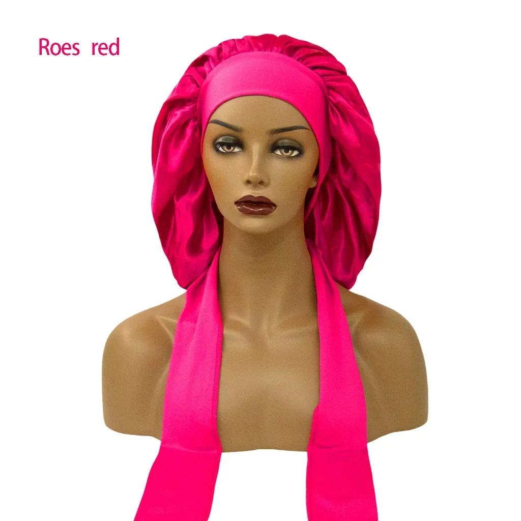 Women Satin Widened Sleep Hat Night Sleep Cap with Long Streamer Hair Care Bonnet Nightcap Shower Turban