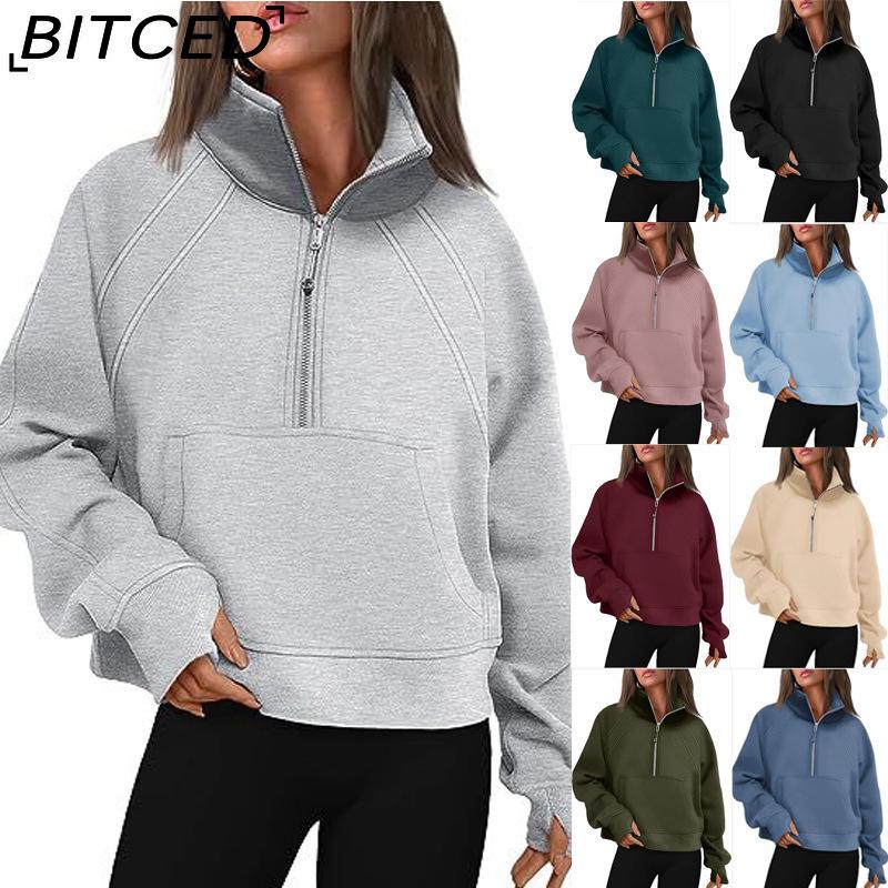 BITCED Autumn/Winter Women's Half-Zip Short-Sleeved Stand Collar Fleece-Lined Solid Colour Sweatshirt