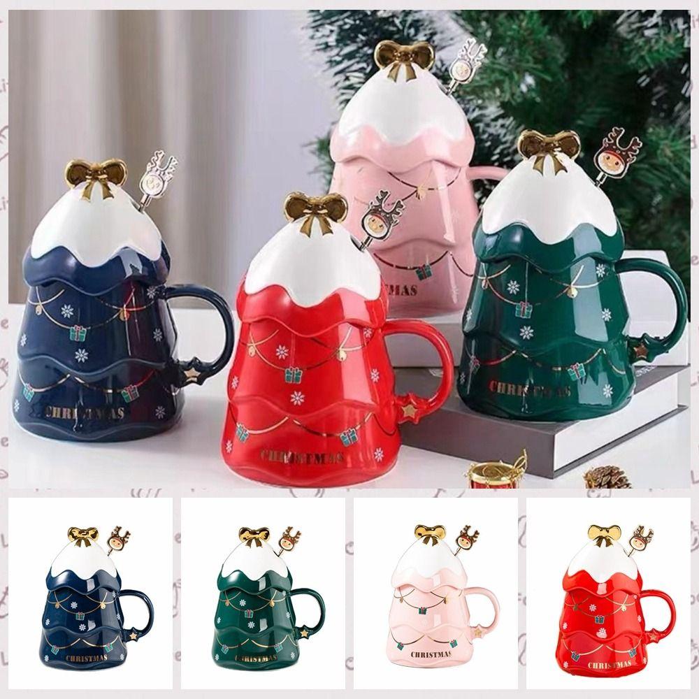 with Lid and Spoon Christmas Tree Ceramic Mug Ceramic Christmas Coffee Cup Decorative   Beer