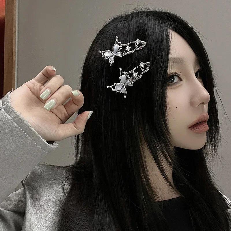 1/2pcs Y2K Irregular Liquid Metal Hairpin Butterfly Zircon Hair Clips Girl Fashion Silver Bang Clip for Women Hair Accessories