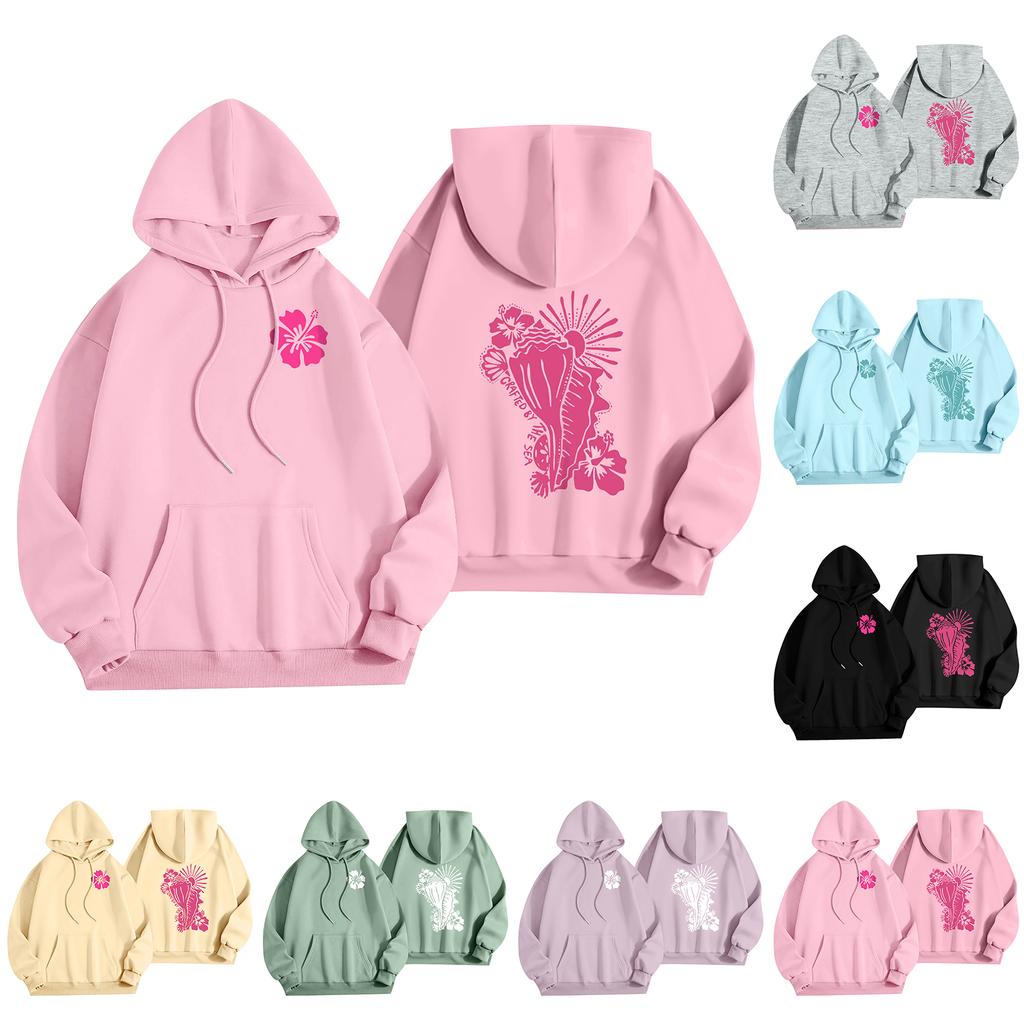 Dámská móda Dámský lehký svetr s dlouhým rukávem a kapsami Preppy grafická mikina s kapucí