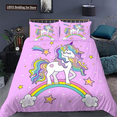 Einhorn Bettbezug Set King Queen Größe Rosa 3D Druck Niedliches Einhorn Stern Regenbogen Wolke Für Kinder Mädchen Jungen Polyester Bettwäsche Set