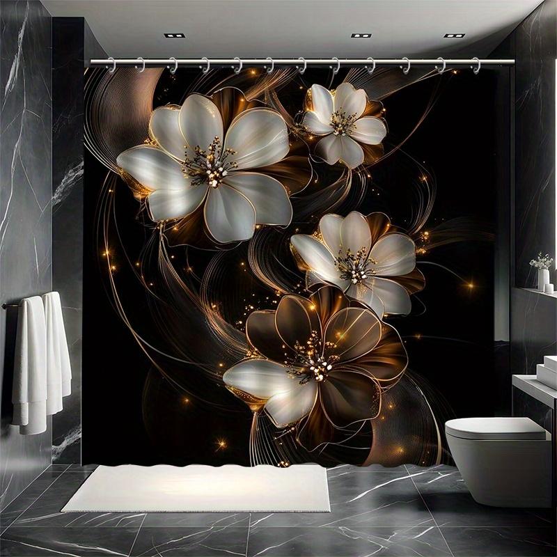 Golden-Embossed Four-Petal Flower Shower Curtain Set - White-Gold Flowers On Dark Background, Modern Bathroom Decor