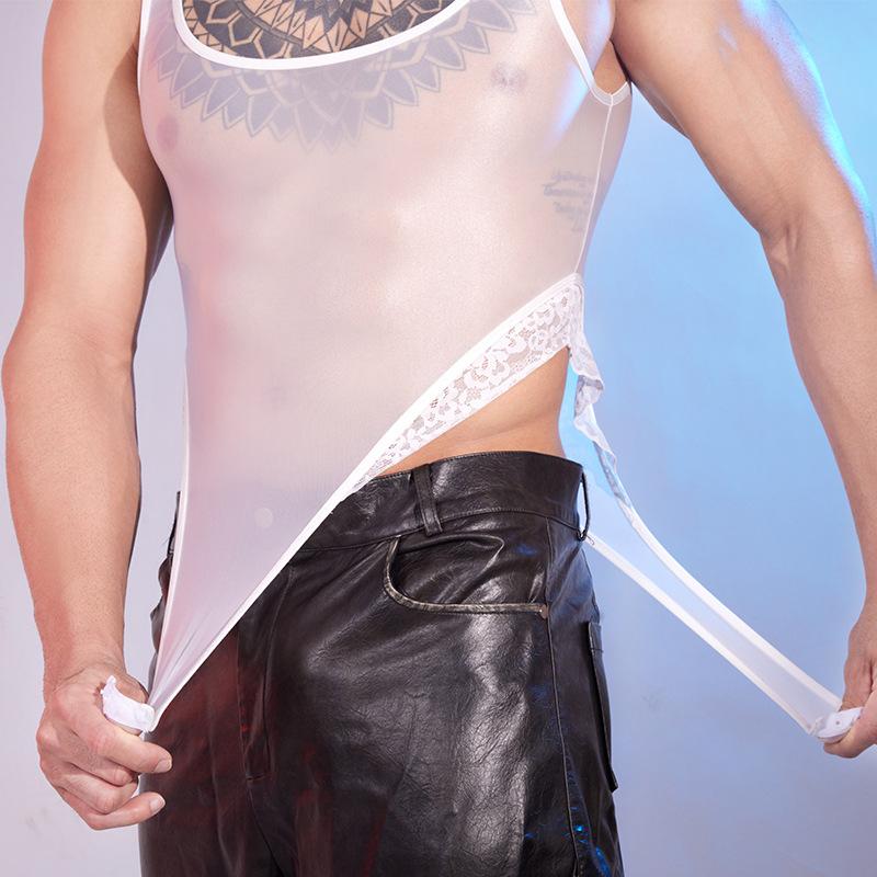 Men'S Sexy Bodysuit Oil Shiny Glossy Sheer Swimwear Thin Silky Smooth Lace Sissy Lingerie Night Club Wear Jumpsuit Gay Wear
