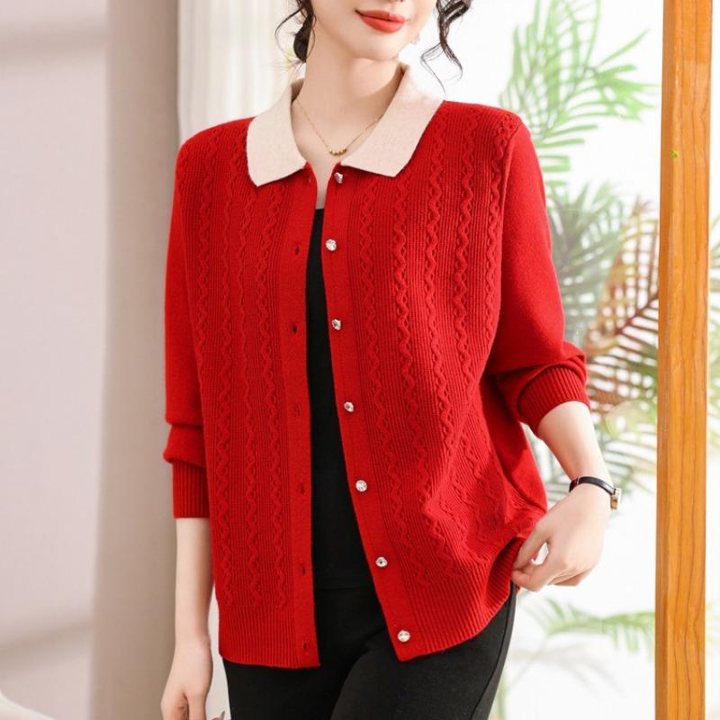 Mom lapel sweater sweater women's autumn and winter cardigan short large size women's knitted long-sleeved jacket