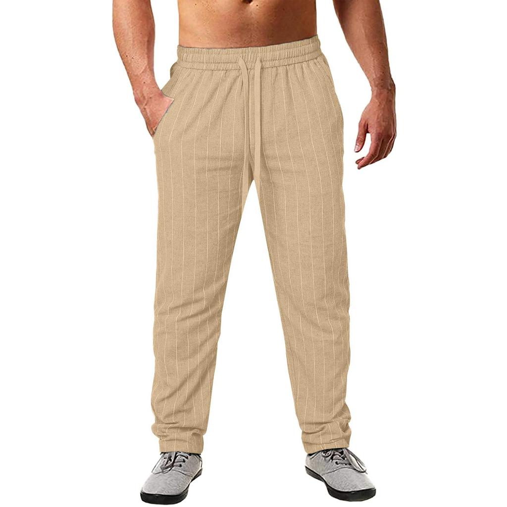 Men's Straight Mid Waist Beach Pants Vertical Stripe Elasticated Waist Cotton Linen Casual Trousers